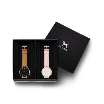 Custom gift set - Rose gold and black watch with stitched camel genuine leather band and a rose gold and white watch with stitched blush pink genuine leather band