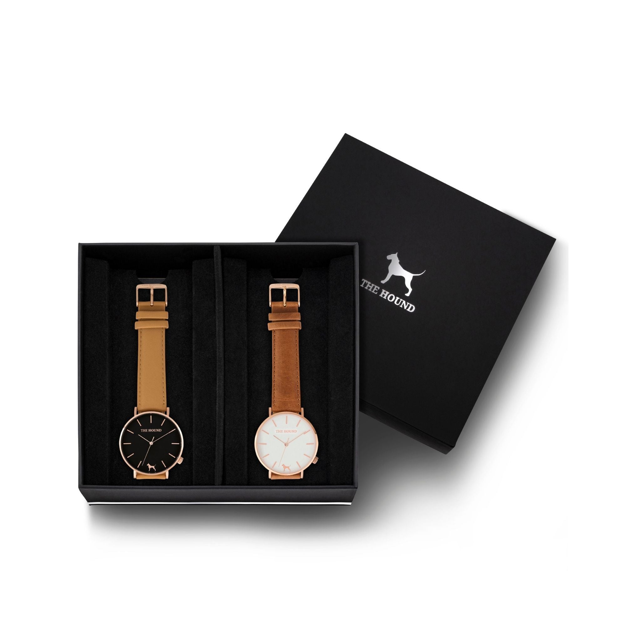 Custom gift set - Rose gold and black watch with stitched camel genuine leather band and a rose gold and white watch with stitched tan genuine leather band