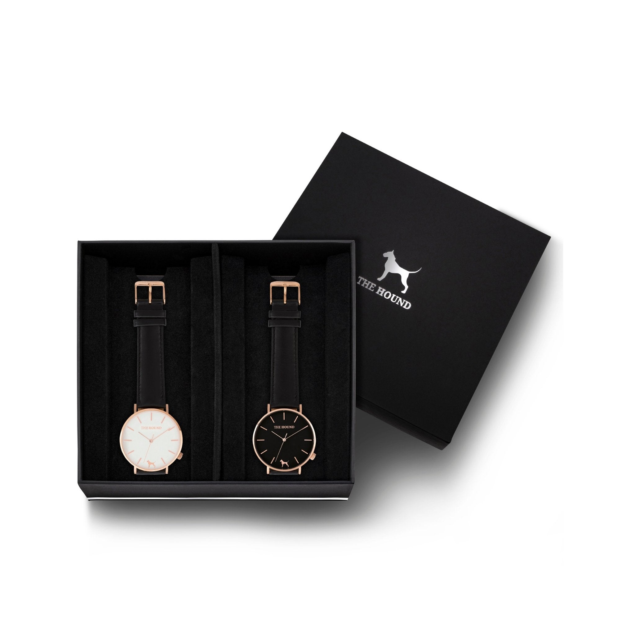 Custom gift set - Rose gold and white watch with stitched black genuine leather band and a rose gold and black watch with stitched black genuine leather band