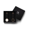 Custom gift set - Rose gold and white watch with stitched black genuine leather band and a rose gold and black watch with stitched black genuine leather band