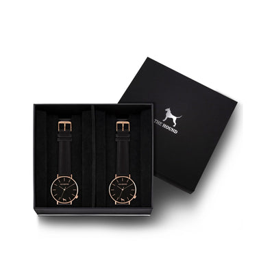Custom gift set - Rose gold and black watch with stitched black genuine leather band and a rose gold and black watch with stitched black genuine leather band