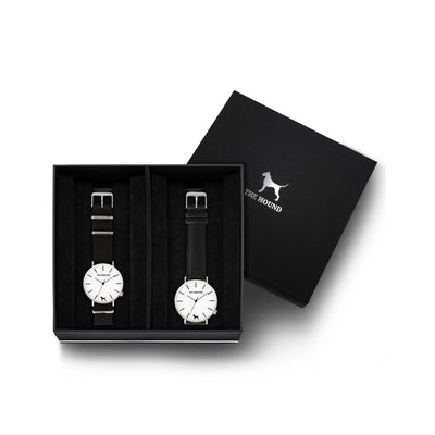 Custom gift set - Silver and white watch with black nato band and a silver and white watch with stitched black genuine leather band