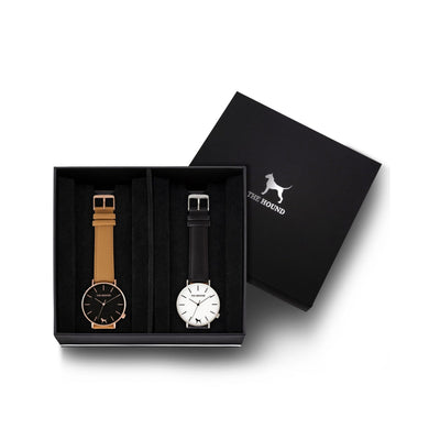 Custom gift set - Rose gold and black watch with stitched camel genuine leather band and a silver and white watch with stitched black genuine leather band