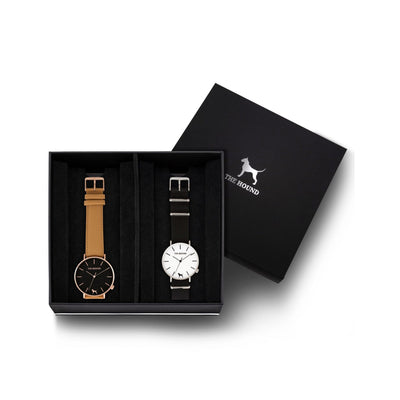 Custom gift set - Rose gold and black watch with stitched camel genuine leather band and a silver and white watch with black nato leather band