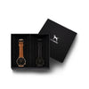 Custom gift set - Rose gold and black watch with stitched tan genuine leather band and a matte black and black watch with stitched black genuine leather band