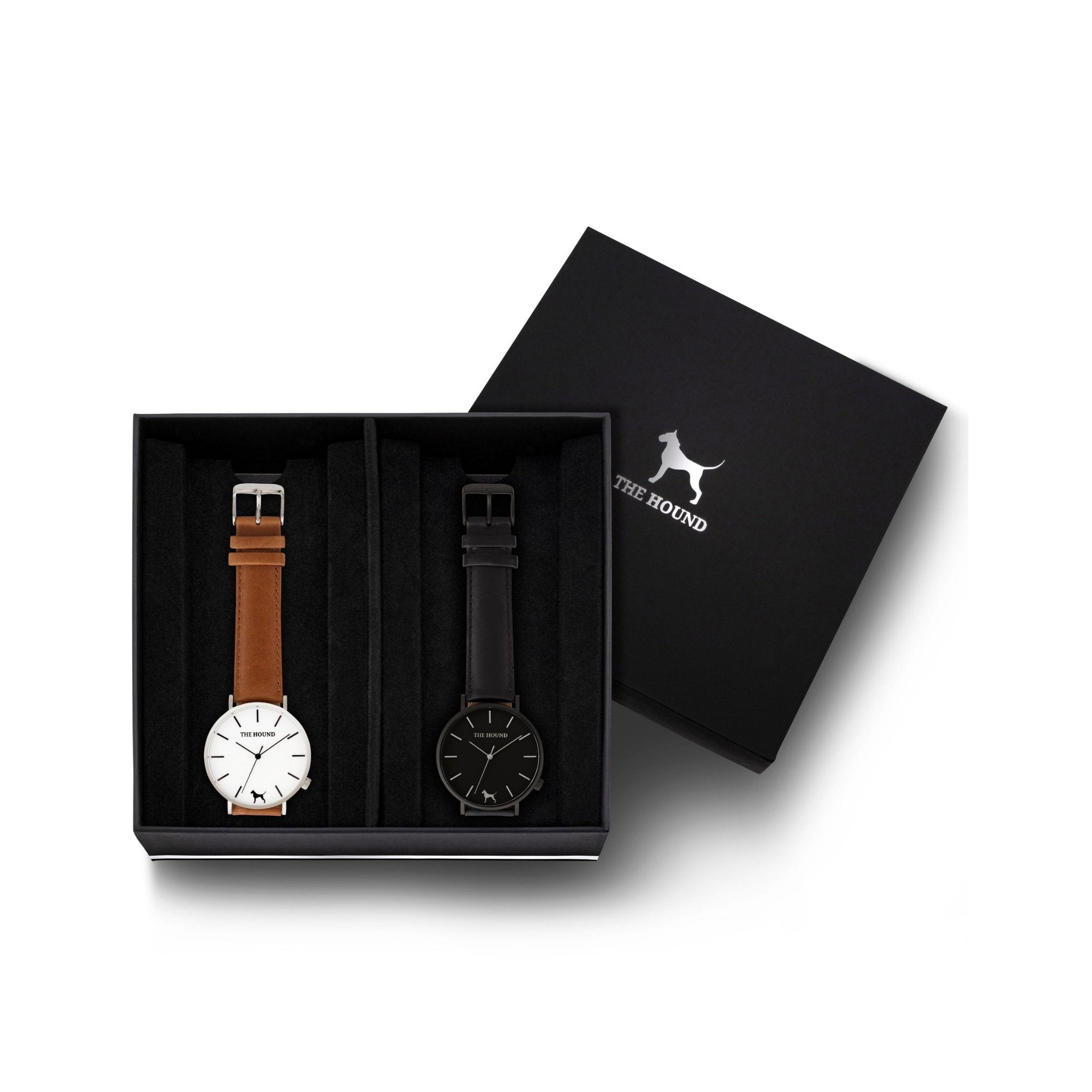 Custom gift set - Silver and white watch with stitched tan genuine leather band and a matte black and black watch with stitched black genuine leather band