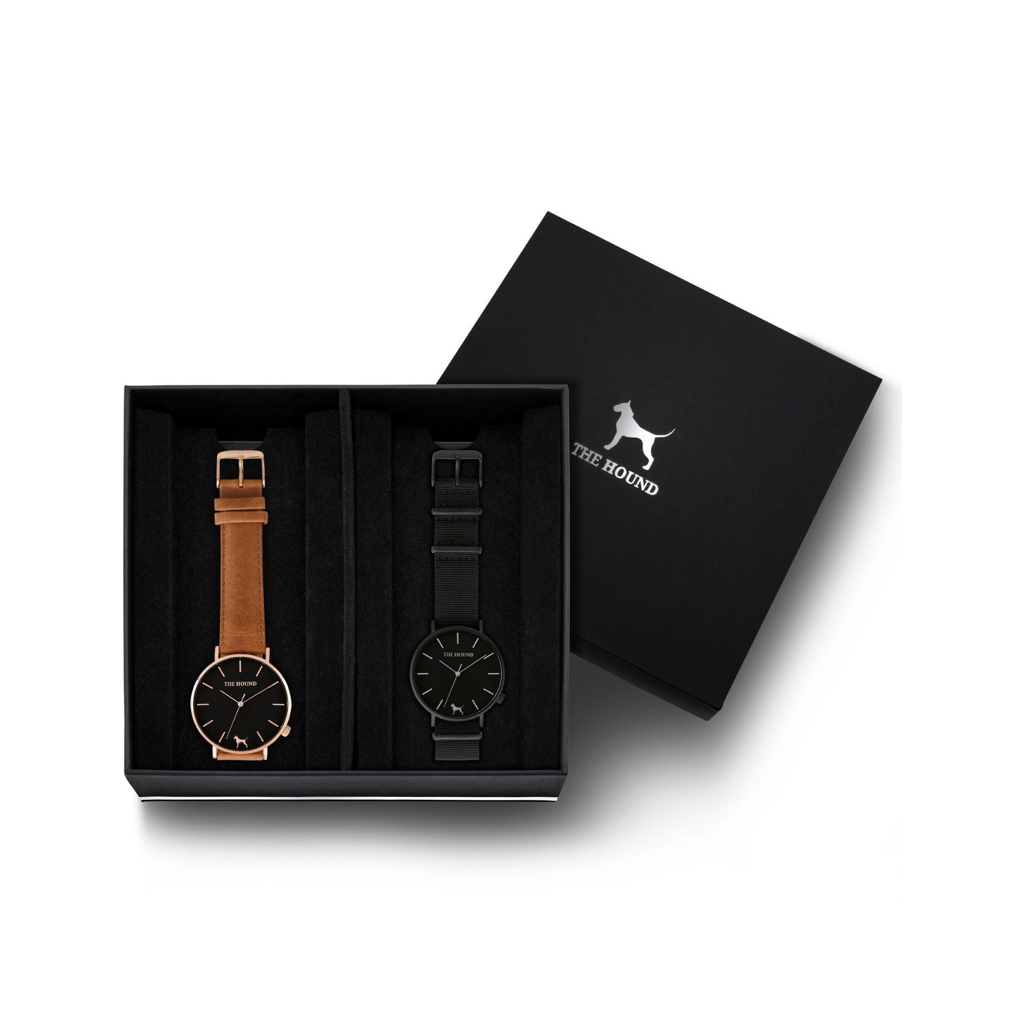 Custom gift set - Rose gold and black watch with stitched tan genuine leather band and a matte black and black watch with black nato leather band
