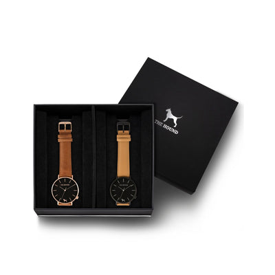 Custom gift set - Rose gold and black watch with stitched tan genuine leather band and a matte black and black watch with stitched camel genuine leather band