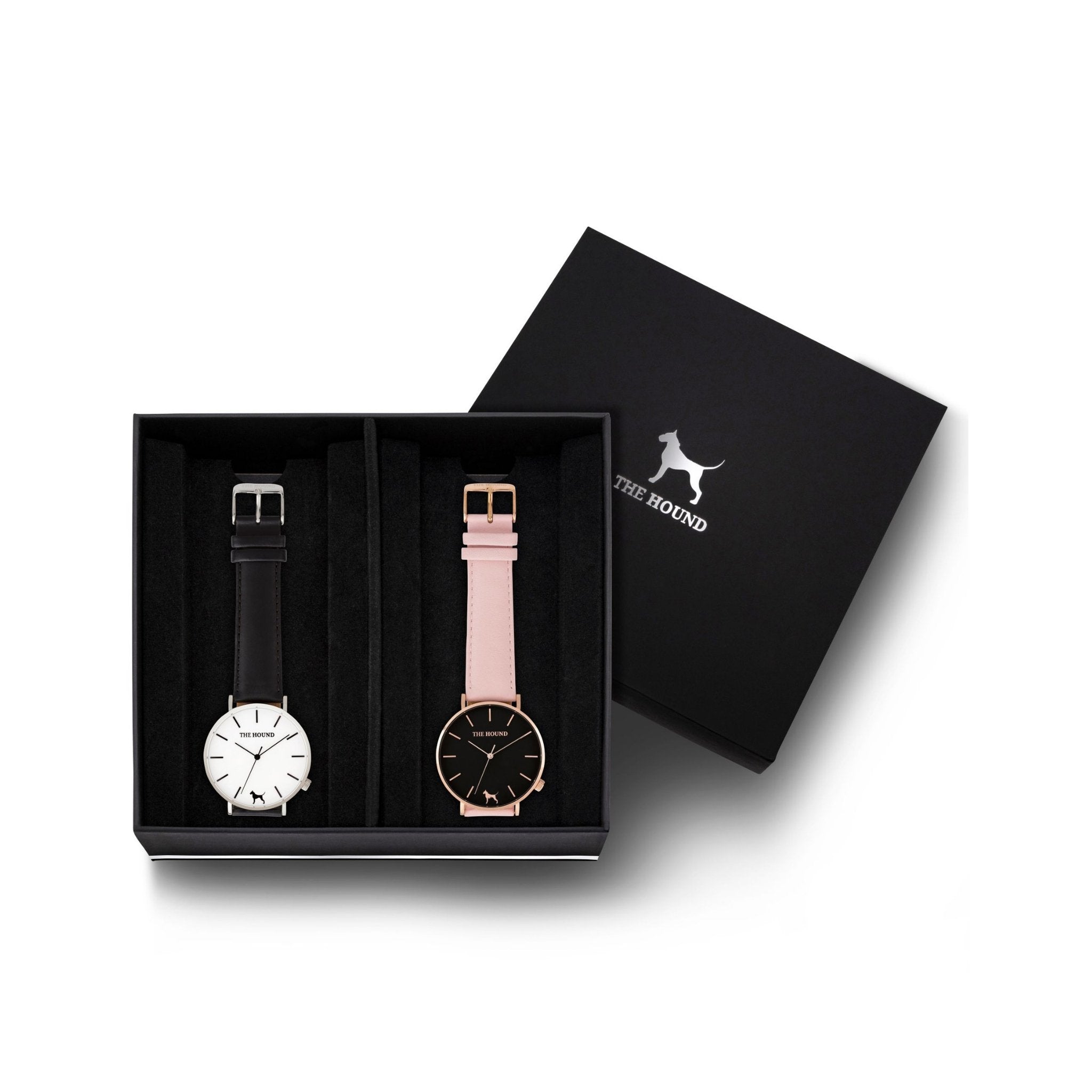 Custom gift set - Silver and white watch with stitched black genuine leather band and a rose gold and black watch with stitched blush pink genuine leather band