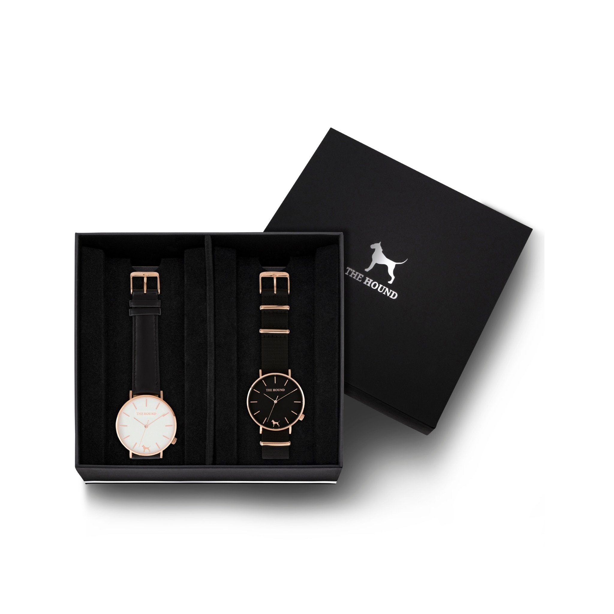 Custom gift set - Rose gold and white watch with stitched black genuine leather band and a rose gold and black watch with black nato leather band