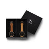 Custom gift set - Rose gold and black watch with stitched tan genuine leather band and a rose gold and black watch with stitched camel genuine leather band