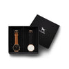 Custom gift set - Rose gold and black watch with stitched tan genuine leather band and a rose gold and white watch with stitched black genuine leather band