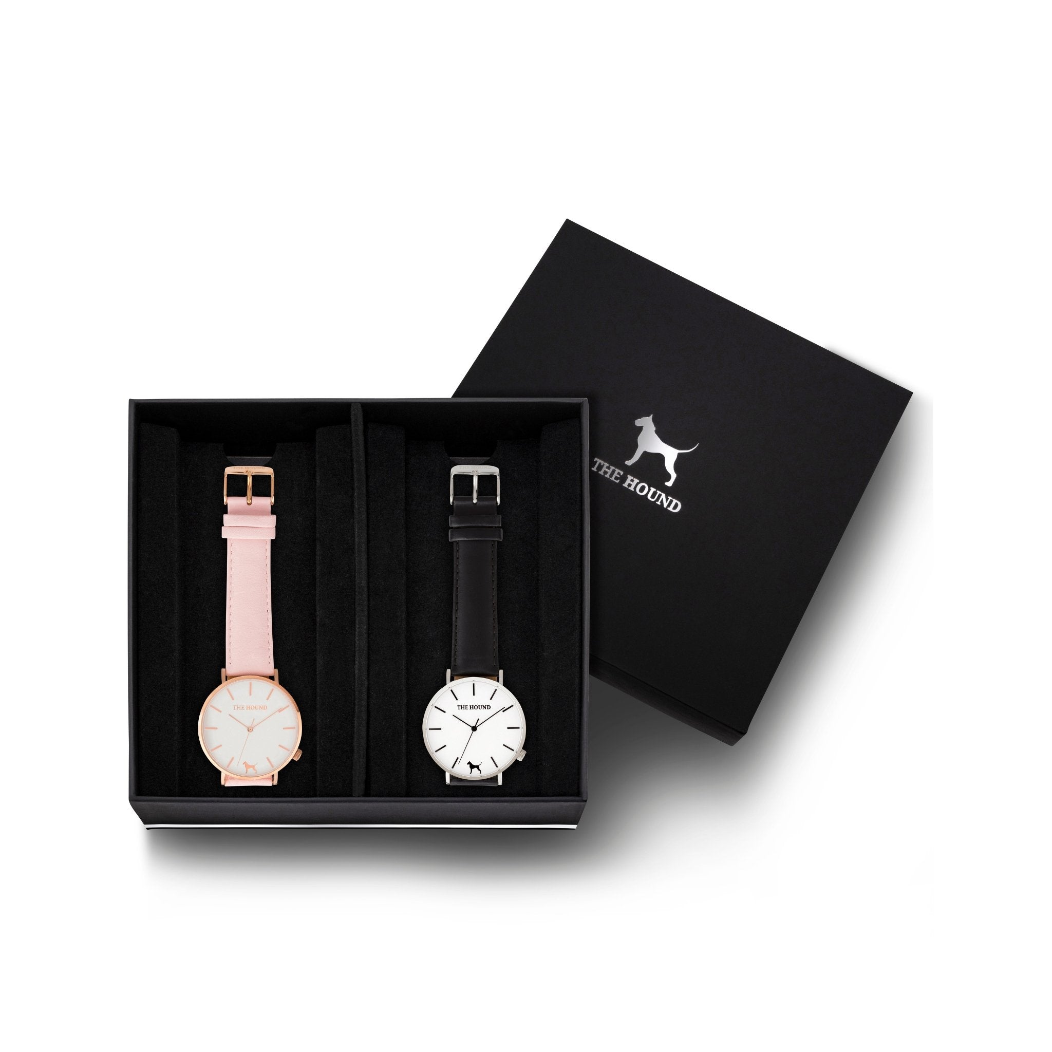 Custom gift set - Rose gold and white watch with stitched blush pink genuine leather band and a silver and white watch with stitched black genuine leather band