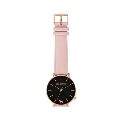 Rose gold and black watch with a stitched blush pink genuine leather band and rose gold black buckle designed by THE HOUND, styled flat and shot from above.