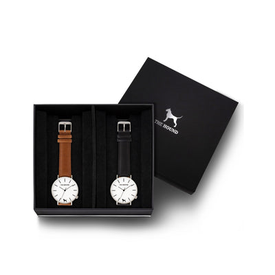 Custom gift set - Silver and white watch with stitched tan genuine leather band and a silver and white watch with stitched black genuine leather band