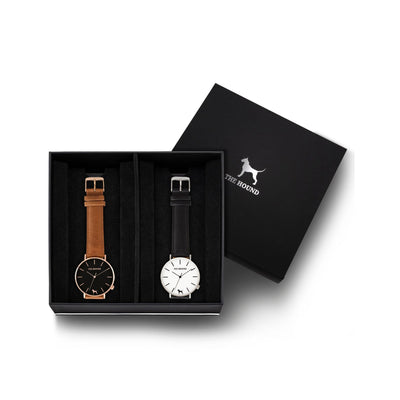 Custom gift set - Rose gold and black watch with stitched tan genuine leather band and a silver and white watch with stitched black genuine leather band