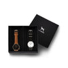 Custom gift set - Rose gold and black watch with stitched tan genuine leather band and a silver and white watch with black nato leather band