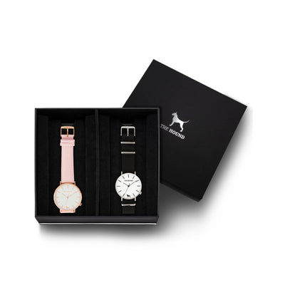 Custom gift set - Rose gold and white watch with stitched blush pink genuine leather band and a silver and white watch with black nato leather band