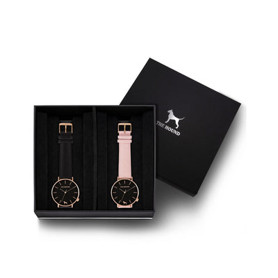 Custom gift set - Rose gold and black watch with stitched black genuine leather band and a rose gold and black watch with stitched blush pink genuine leather band