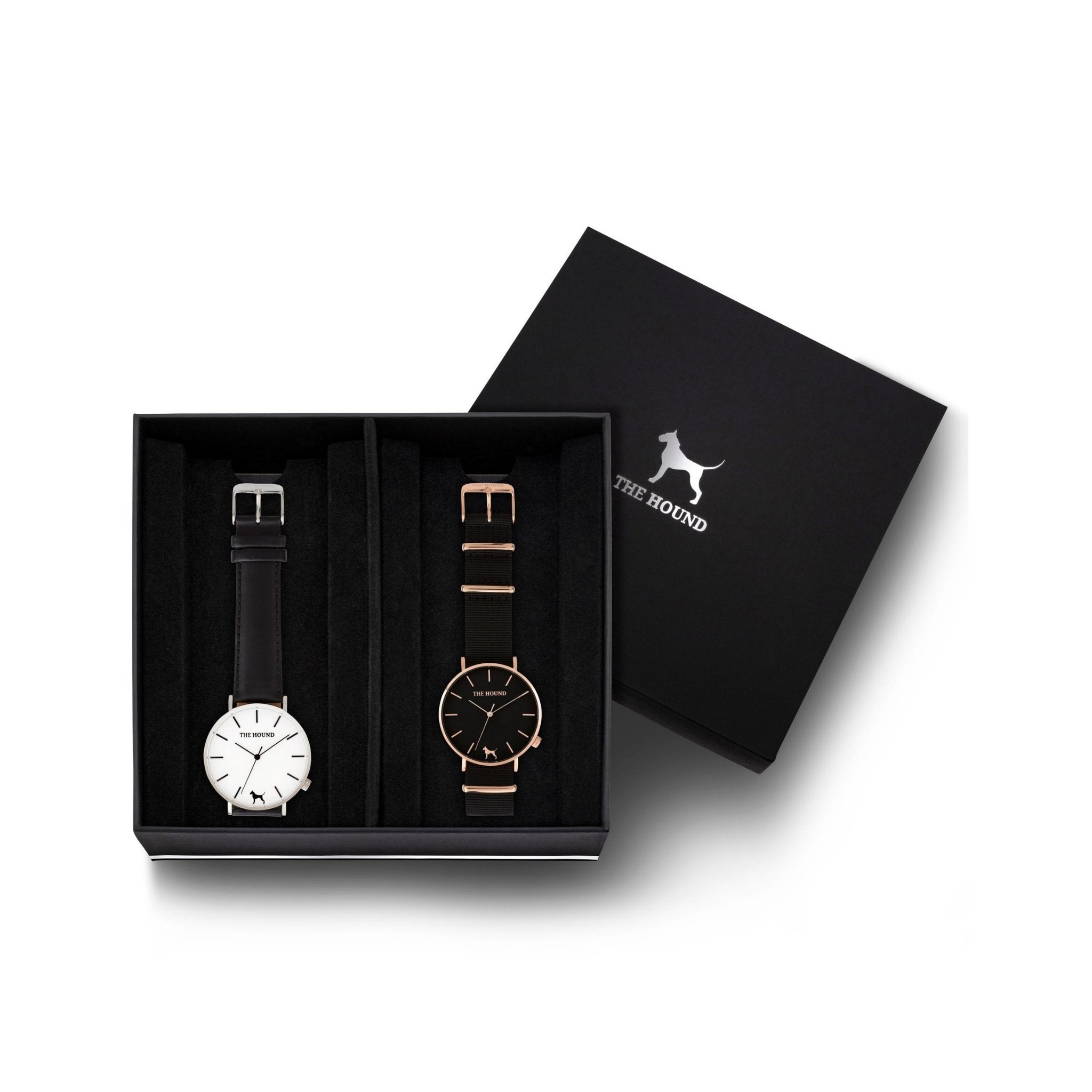 Custom gift set - Silver and white watch with stitched black genuine leather band and a rose gold and black watch with black nato leather band