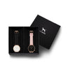 Custom gift set - Rose gold and white watch with stitched black genuine leather band and a rose gold and black watch with stitched blush pink genuine leather band