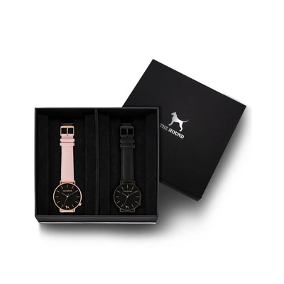 Custom gift set - Rose gold and black watch with stitched blush pink genuine leather band and a matte black and black watch with stitched black genuine leather band