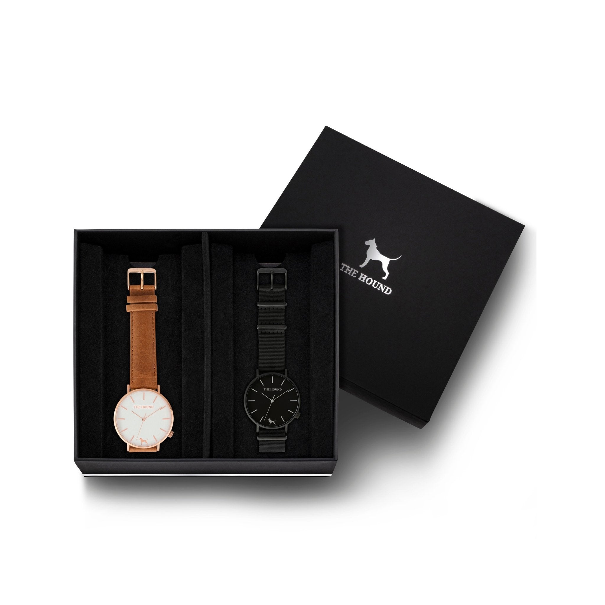 Custom gift set - Rose gold and white watch with stitched tan genuine leather band and a matte black and black watch with black nato leather band