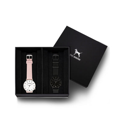 Custom gift set - Silver and white watch with stitched blush pink genuine leather band and a matte black and black watch with black nato leather band