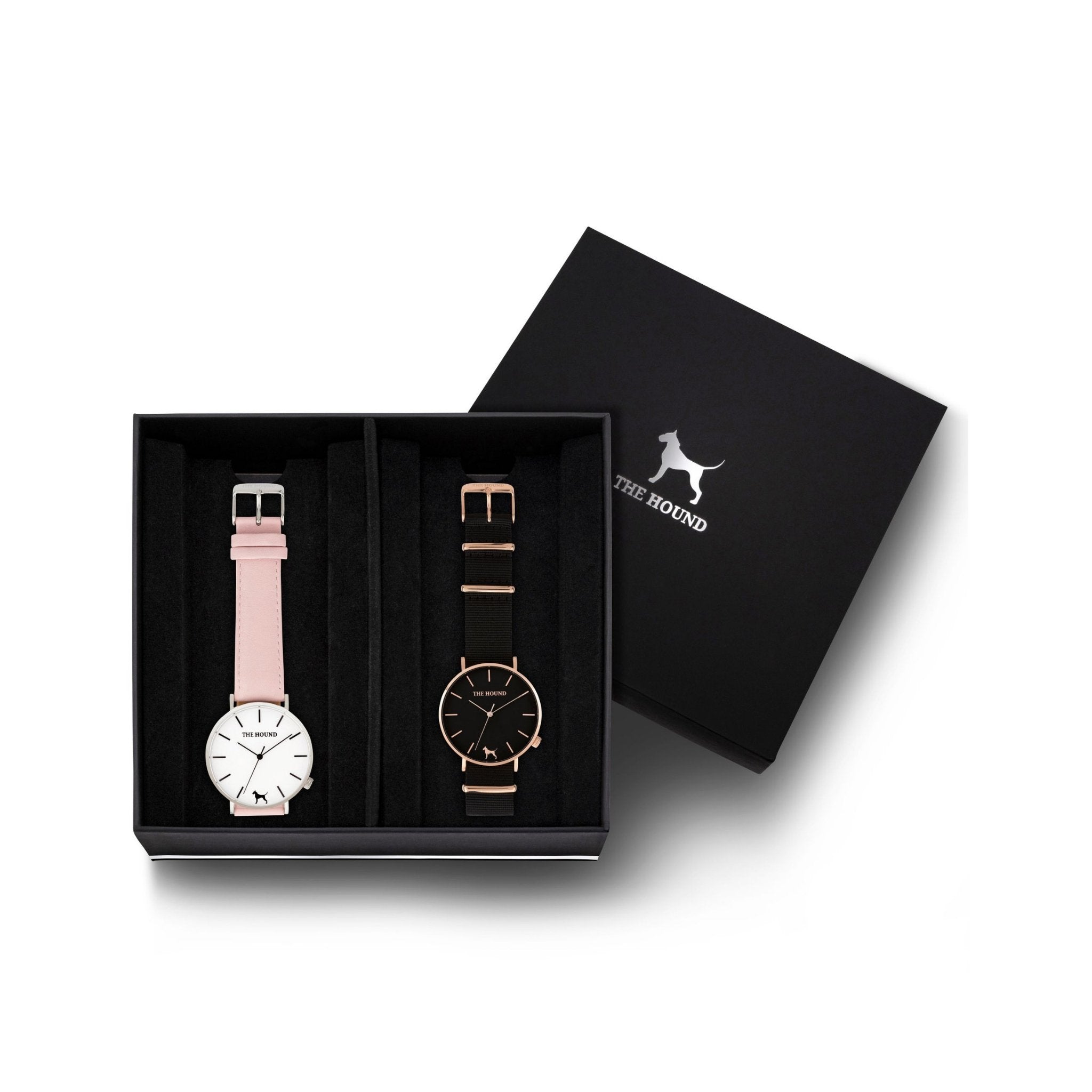 Custom gift set - Silver and white watch with stitched blush pink genuine leather band and a rose gold and black watch with black nato leather band