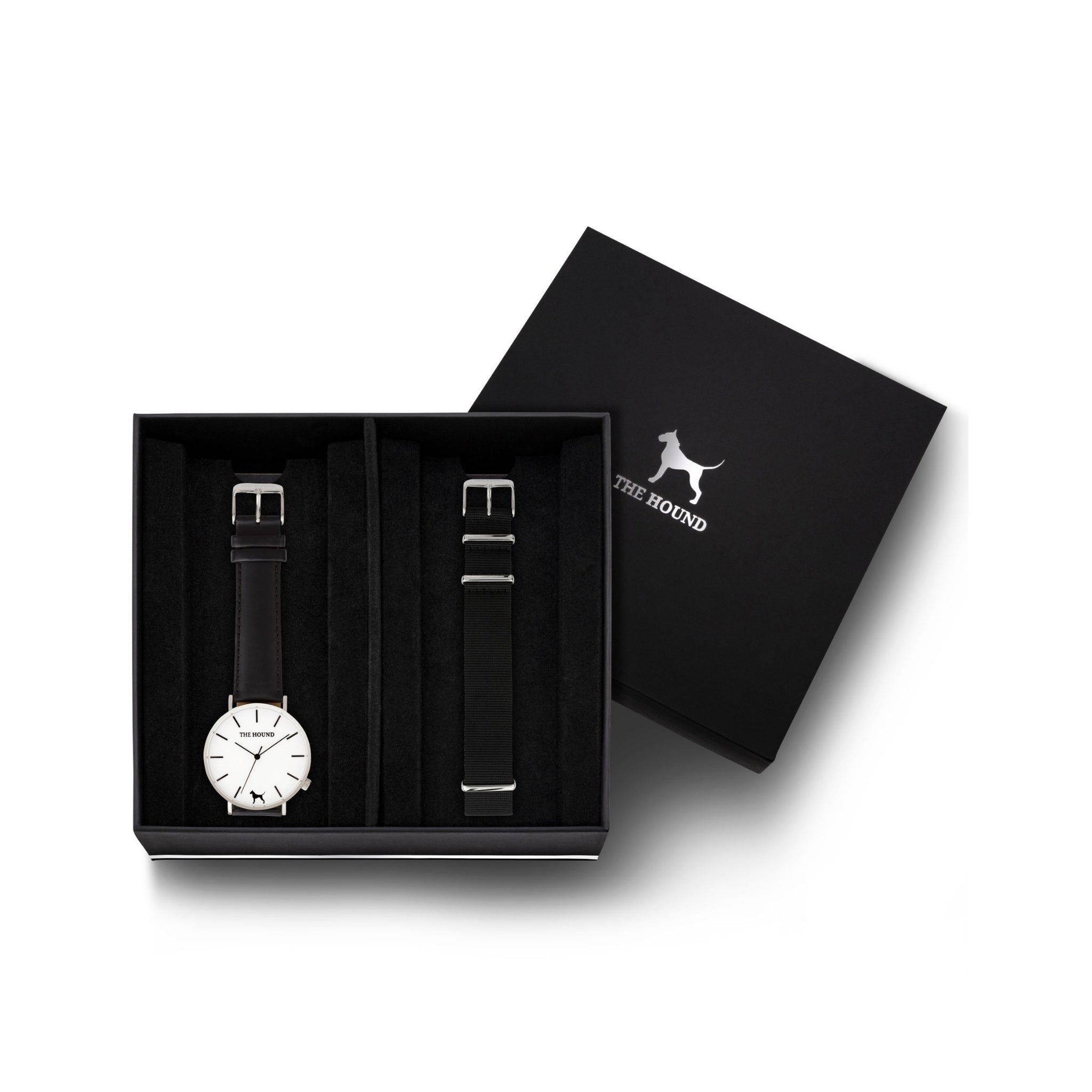 Silver & White Watch<br>+ Black Leather Band<br>+ Black Nato Band