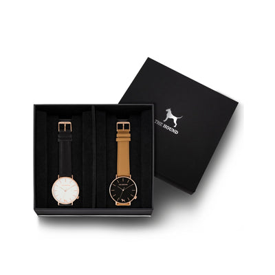 Custom gift set - Rose gold and white watch with stitched black genuine leather band and a rose gold and black watch with stitched camel genuine leather band