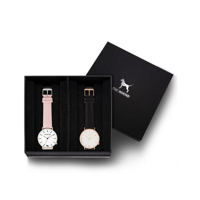 Custom gift set - Silver and white watch with stitched blush pink genuine leather band and a rose gold and white watch with stitched black genuine leather band