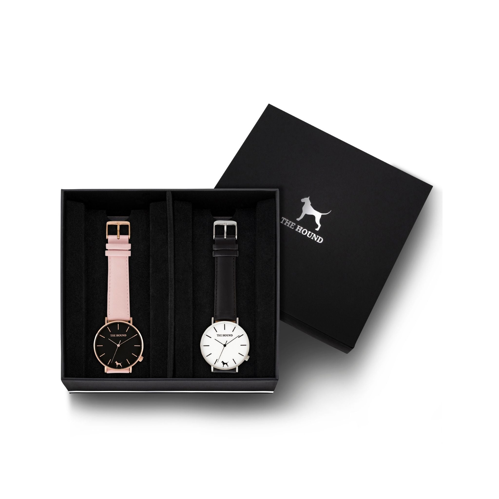 Custom gift set - Rose gold and black watch with stitched blush pink genuine leather band and a silver and white watch with stitched black genuine leather band