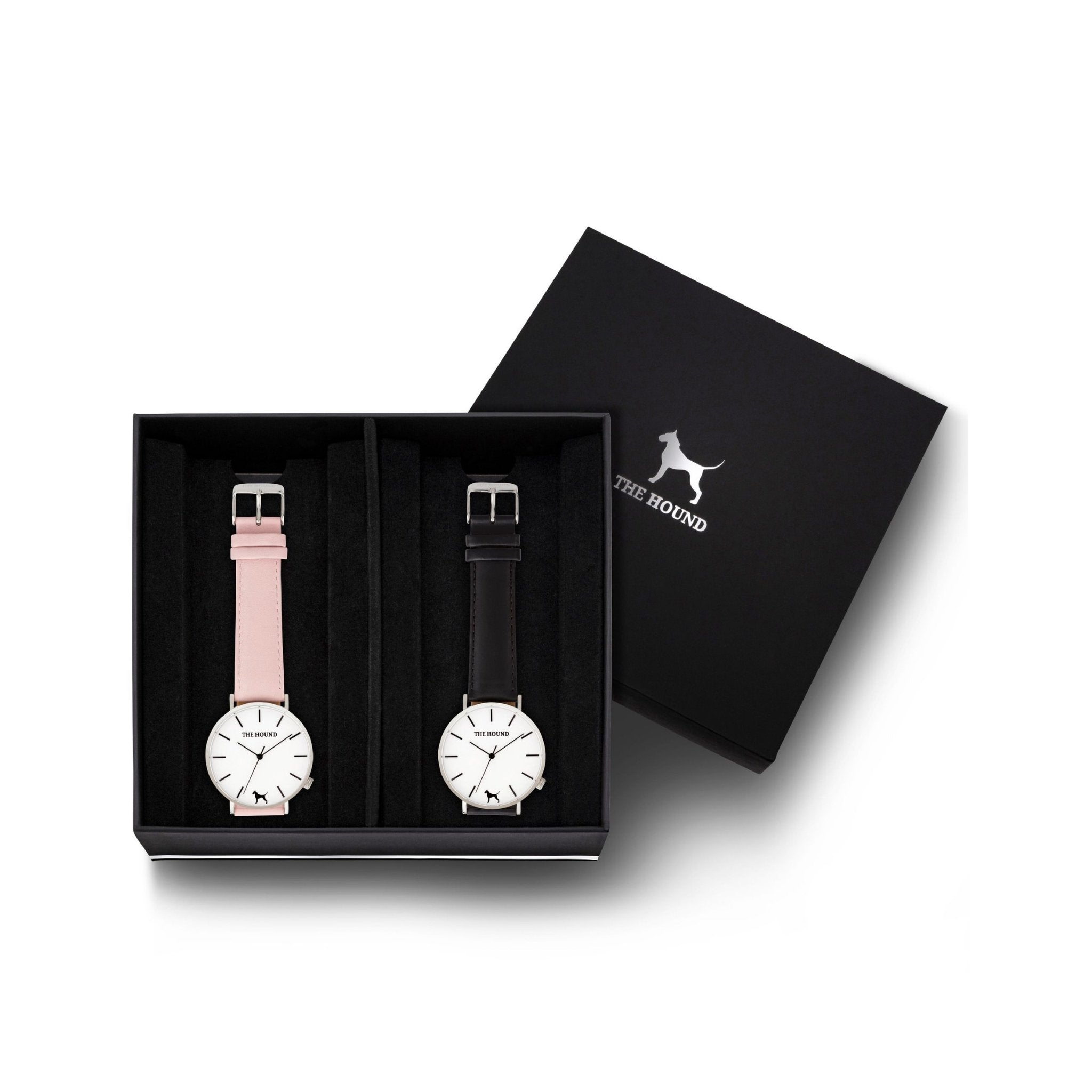 Custom gift set - Silver and white watch with stitched blush pink genuine leather band and a silver and white watch with stitched black genuine leather band