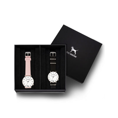 Custom gift set - Silver and white watch with stitched blush pink genuine leather band and a silver and white watch with black nato leather band