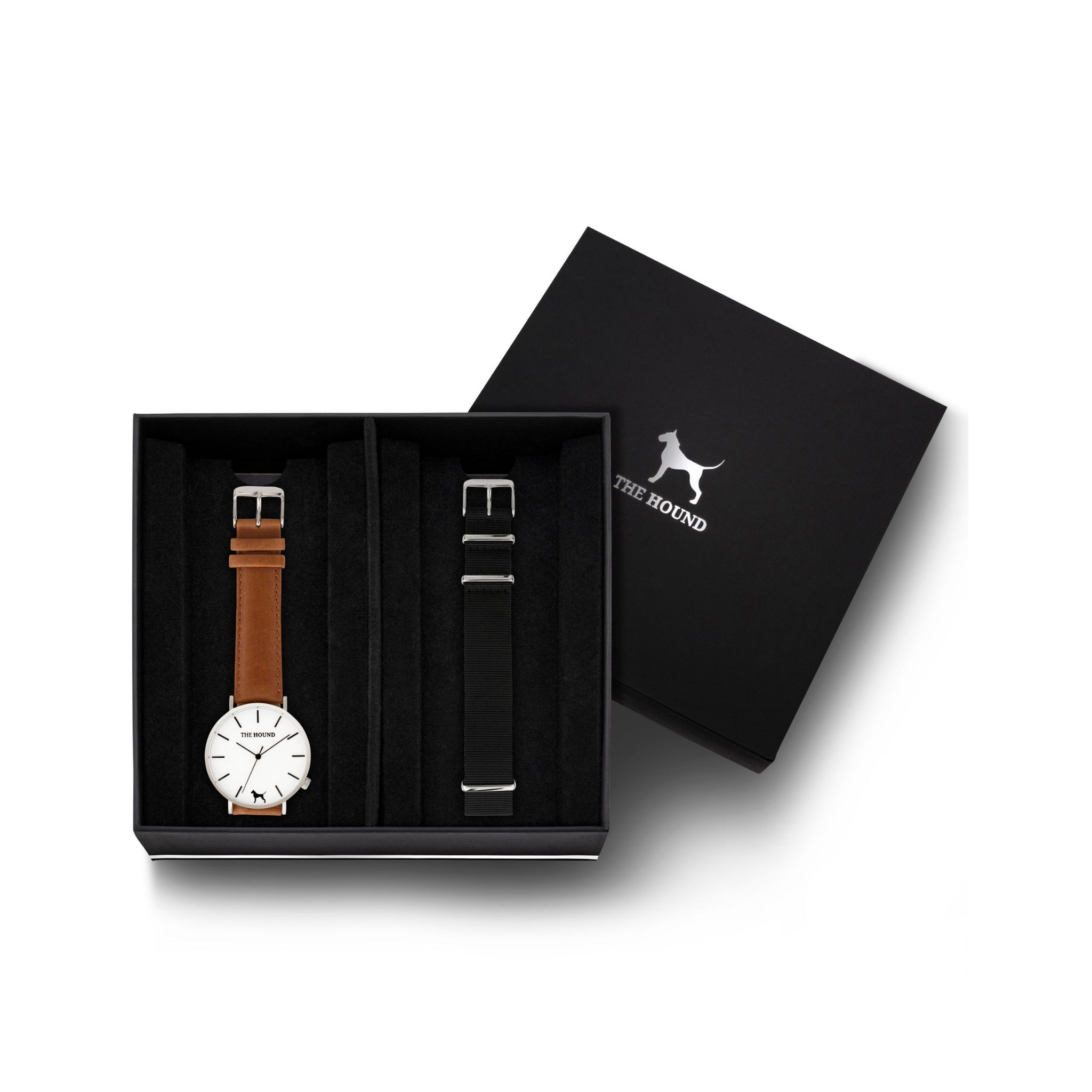 Silver & White Watch<br>+ Tan Leather Band<br>+ Black Nato Band