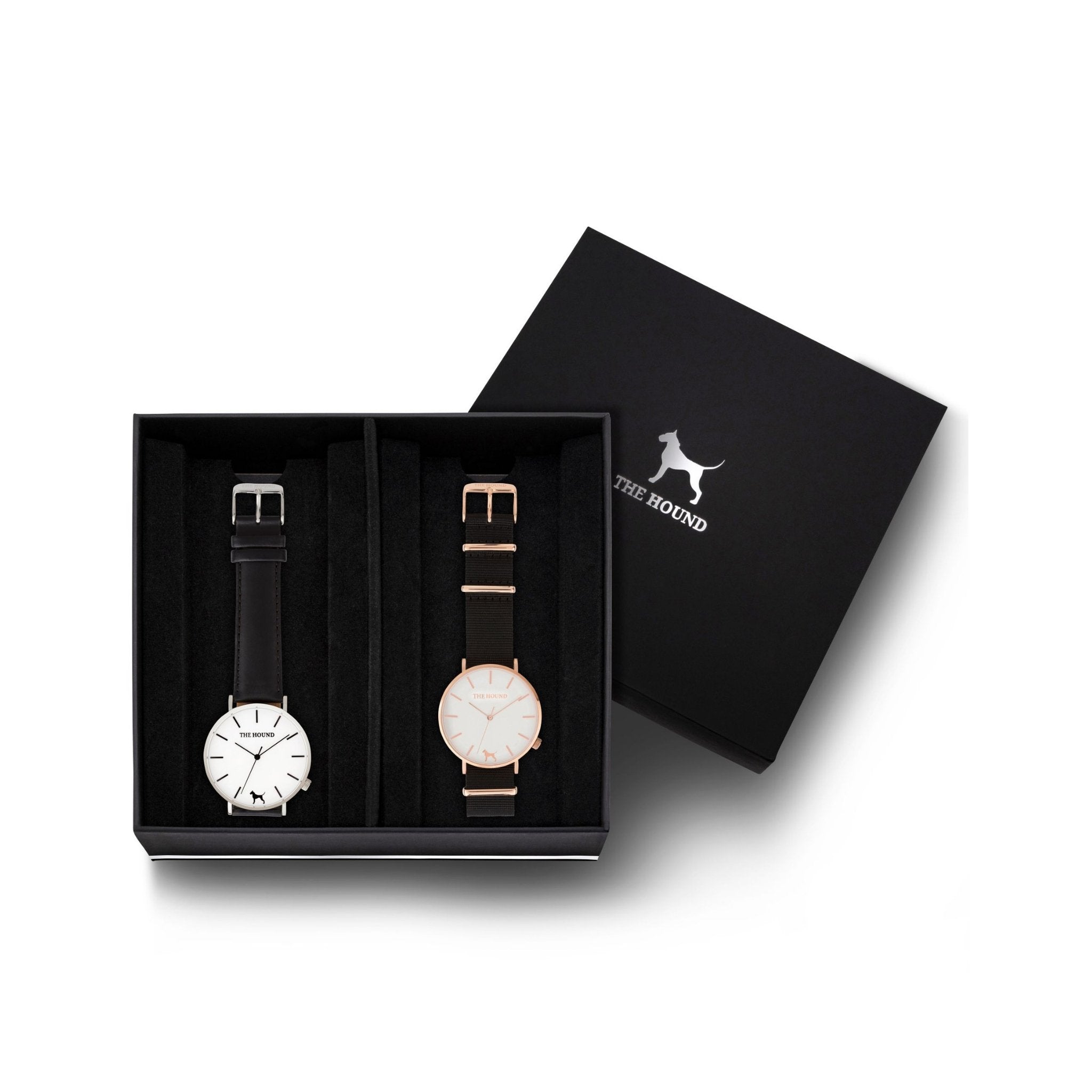 Custom gift set - Silver and white watch with stitched black genuine leather band and a rose gold and white watch with black nato leather band