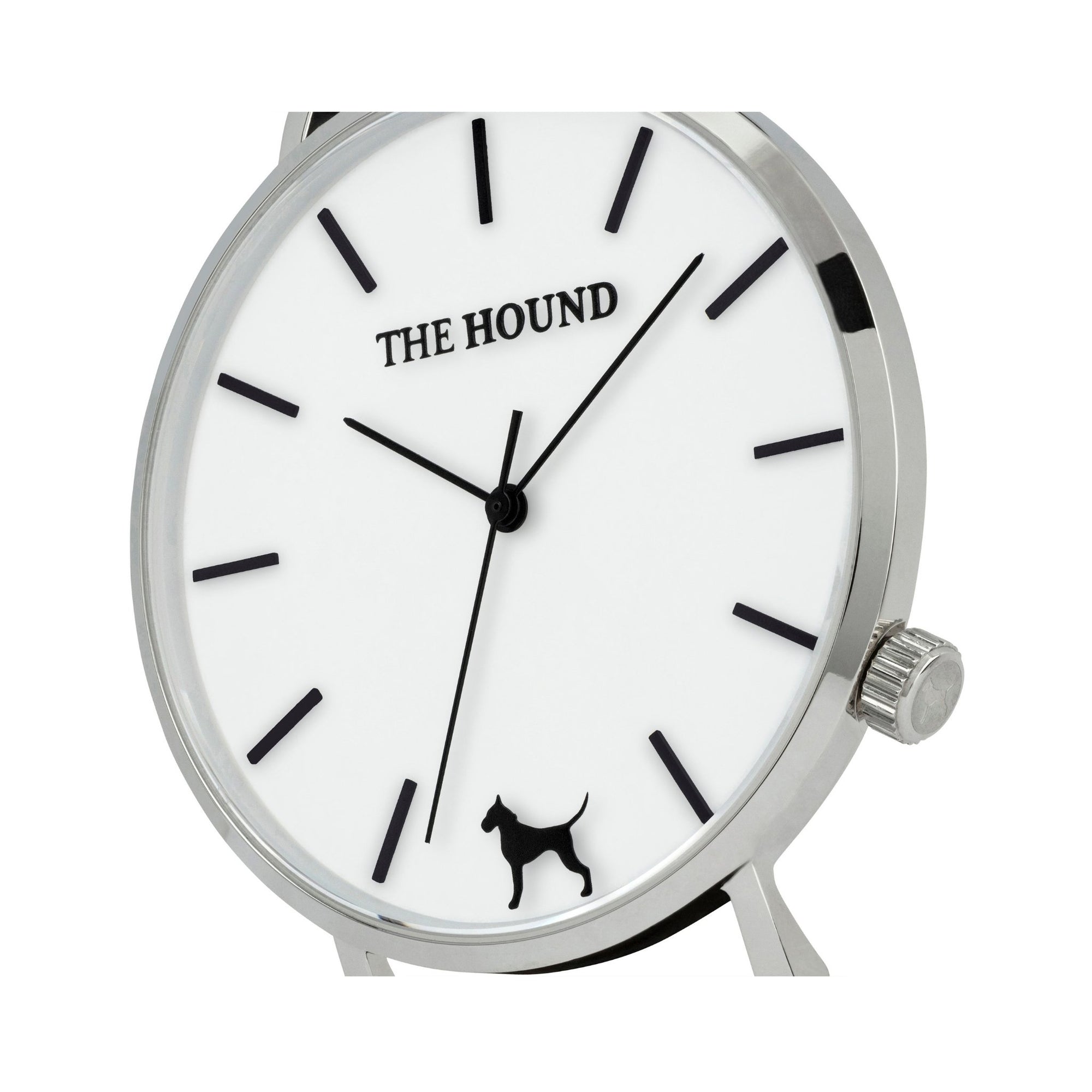 Silver and white watch face and crown designed by THE HOUND.