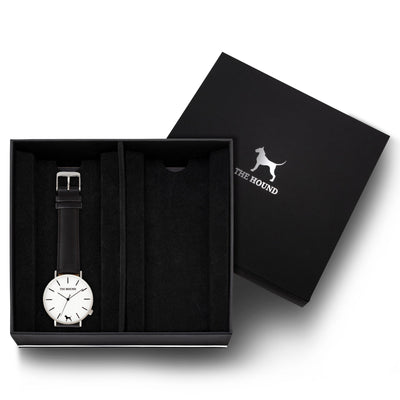 Gift Set - Silver Watch with Black Leather Band